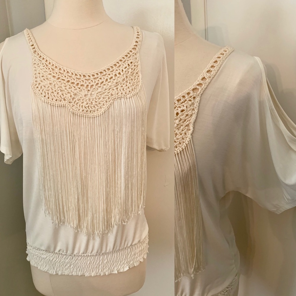 Women’s Small Fringe Blouse Cream Cowgirl Western Chic Festival tassels top - Picture 11 of 11